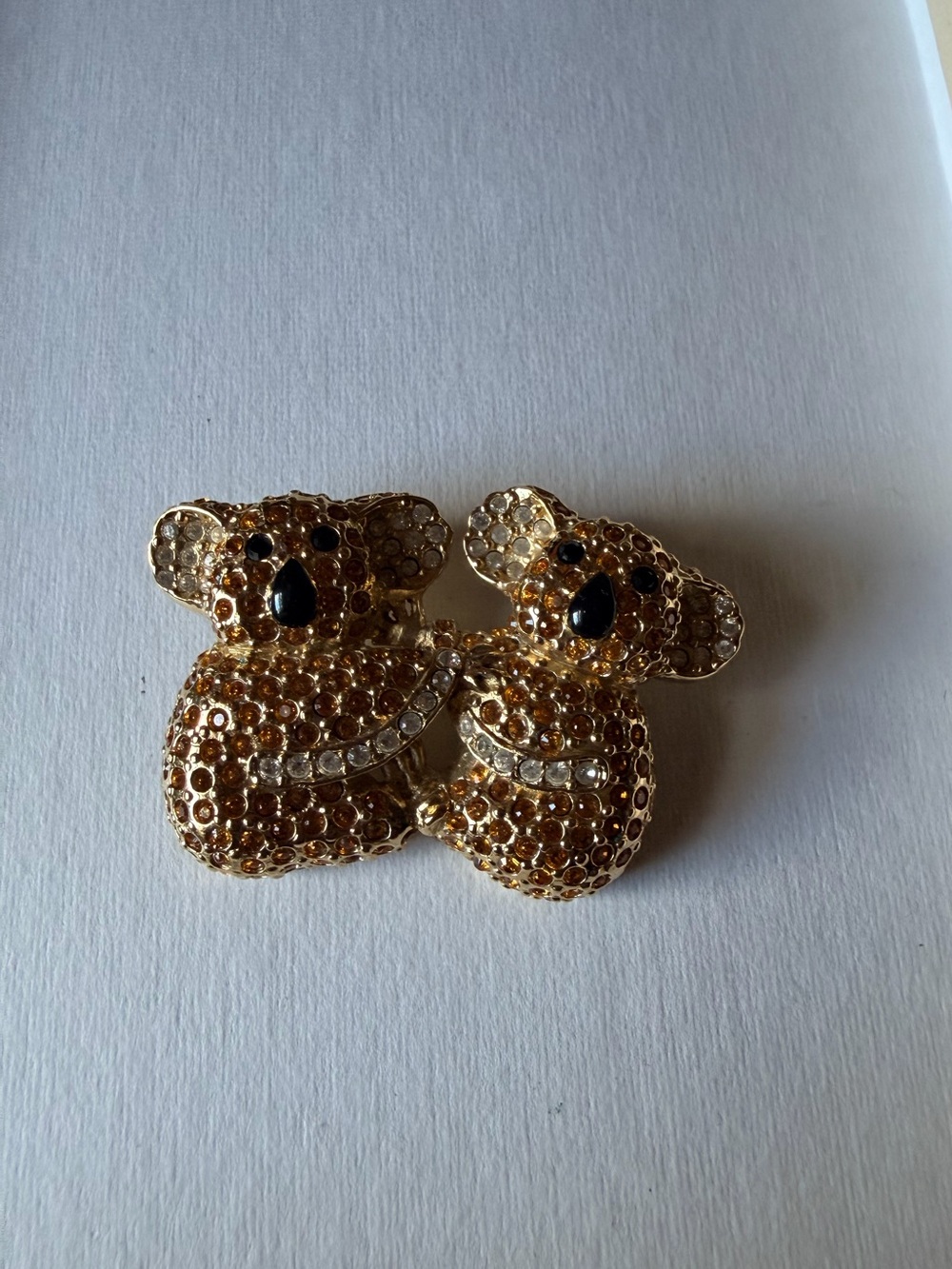 Vintage La Rel Direct Rhinestone Double Koala Bear Brooch Gold Tone